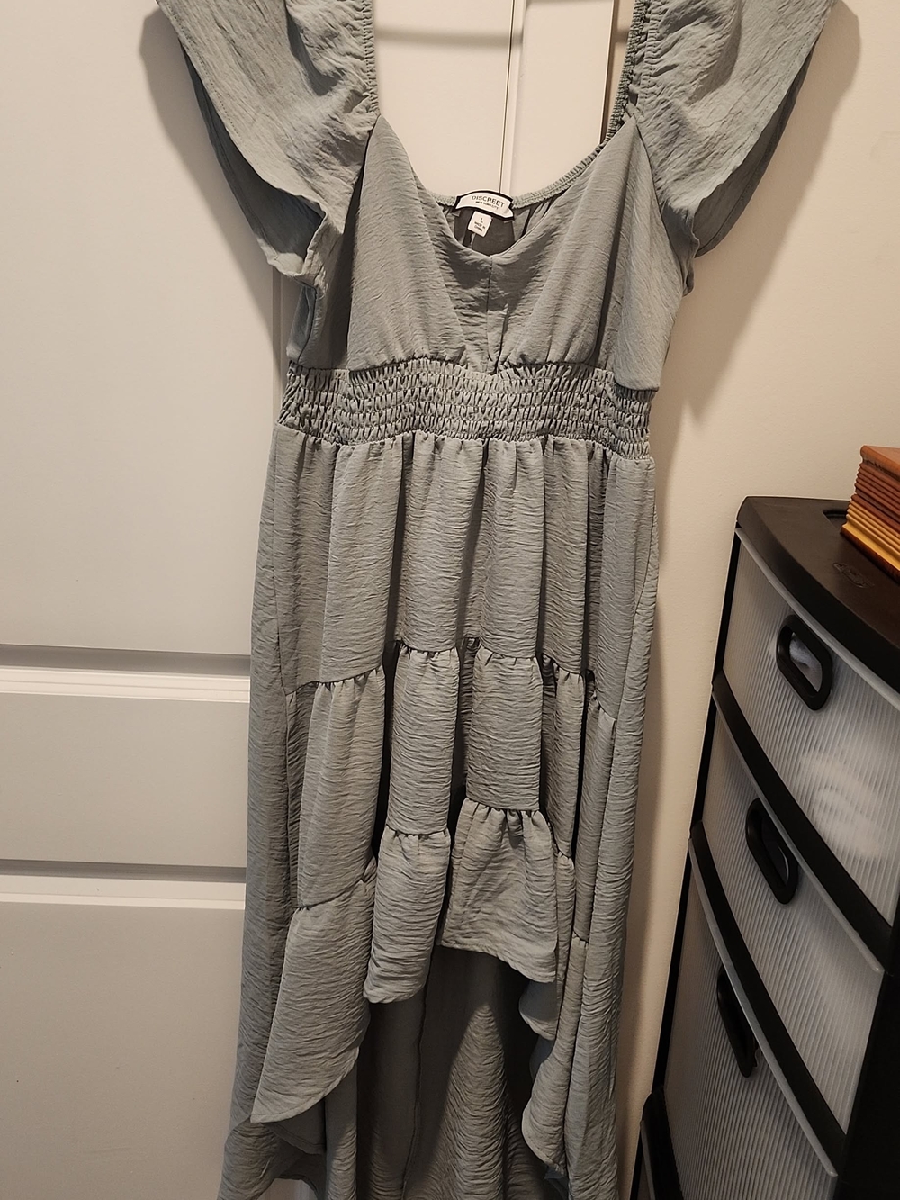Smocked Waist Flutter Sleeve High-Low Dress in Sage